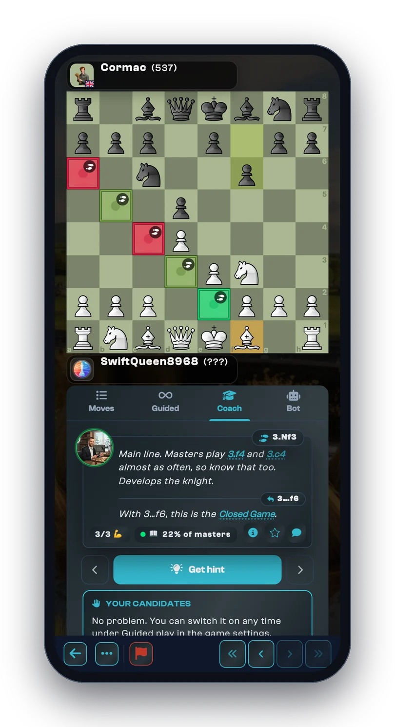Guided Play on a phone in dark mode: the coach comments on the move while the squares a piece can reach are graded green and red