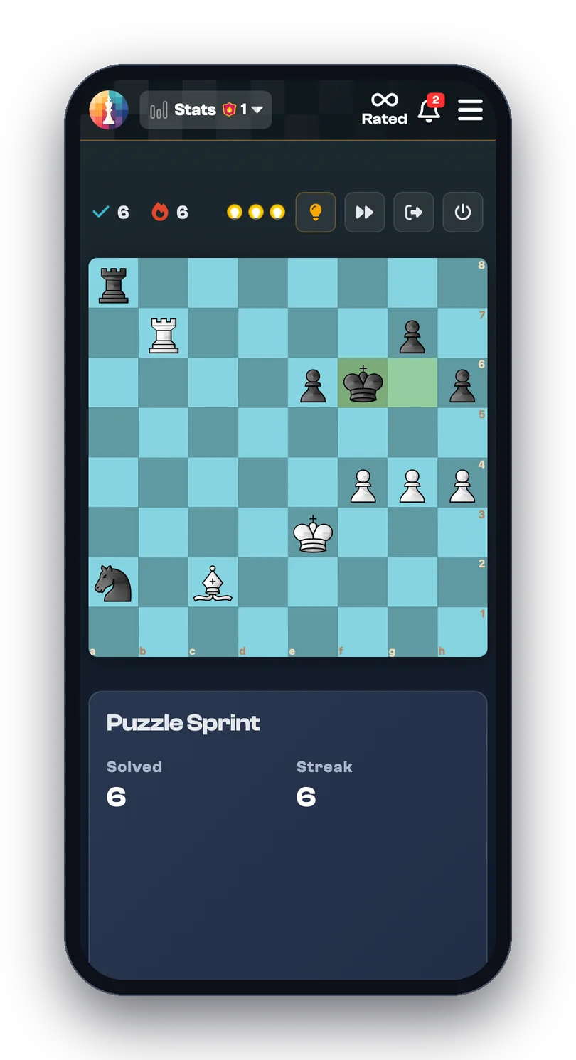 Puzzle Sprint on a phone: six puzzles solved in a row, the next one on the board